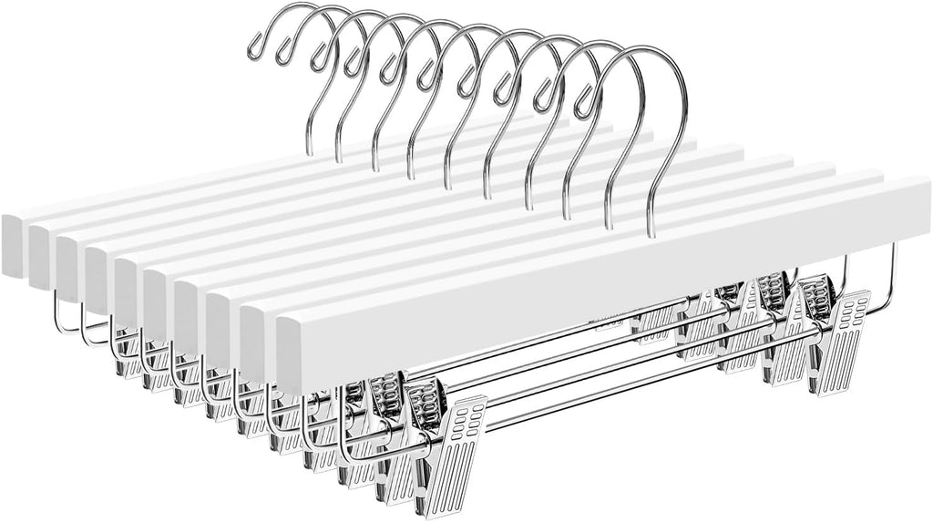 10 Pack Wooden Pants Hangers with Adjustable Clips, 360°Swivel Hook Space Saving Skirt Holders with Anti-Rust Clips for Trousers, Jeans, Shorts (White)
