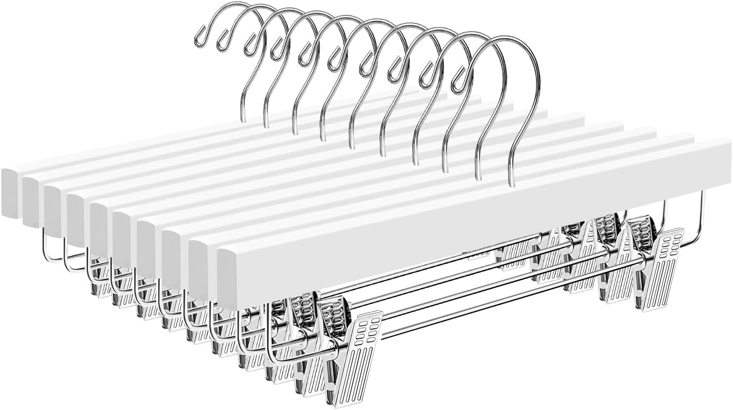 10 Pack Wooden Pants Hangers with Adjustable Clips, 360°Swivel Hook Space Saving Skirt Holders with Anti-Rust Clips for Trousers, Jeans, Shorts (White)