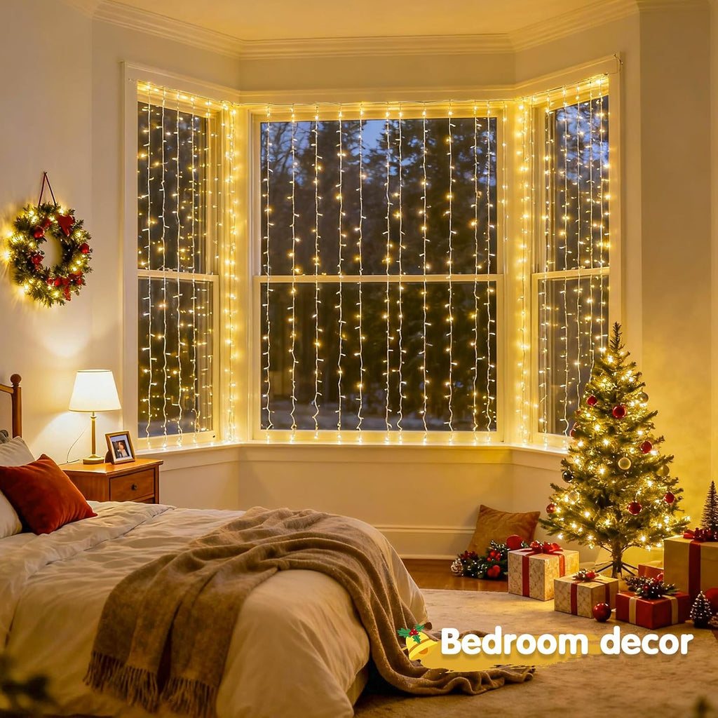 200 LED Christmas Curtain Lights for Bedroom, Warm White Hanging Curtain String Lights Indoor, USB Plug in Christmas Twinkle Lights with Remote for Wall Backdrop Wedding Party Decor