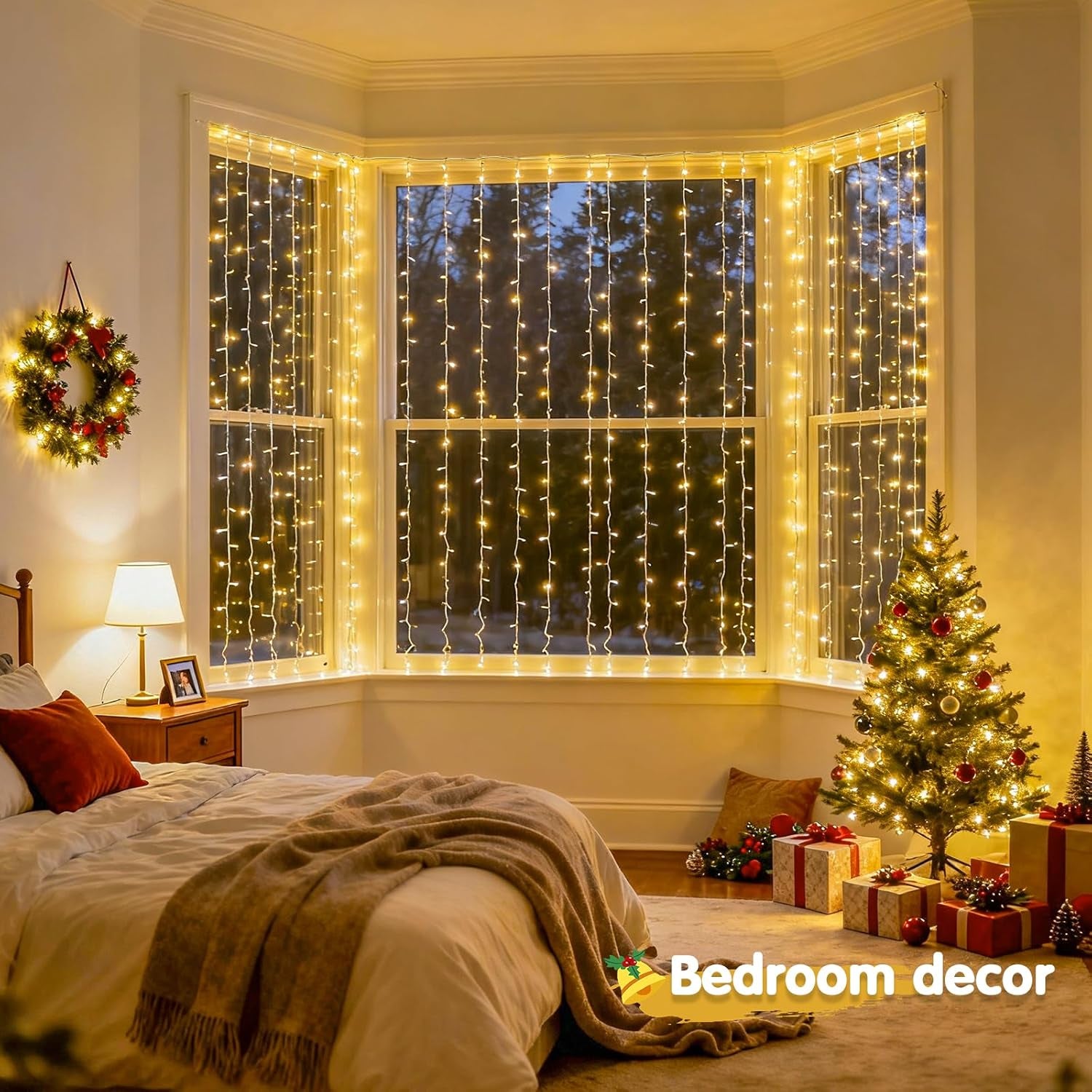 200 LED Christmas Curtain Lights for Bedroom, Warm White Hanging Curtain String Lights Indoor, USB Plug in Christmas Twinkle Lights with Remote for Wall Backdrop Wedding Party Decor