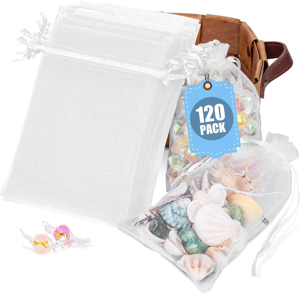 120PCS Organza Bags with Drawstring, White Sheer Gift Pouch Candy Bags for Christmas Party Favors 4 X 6 Inch