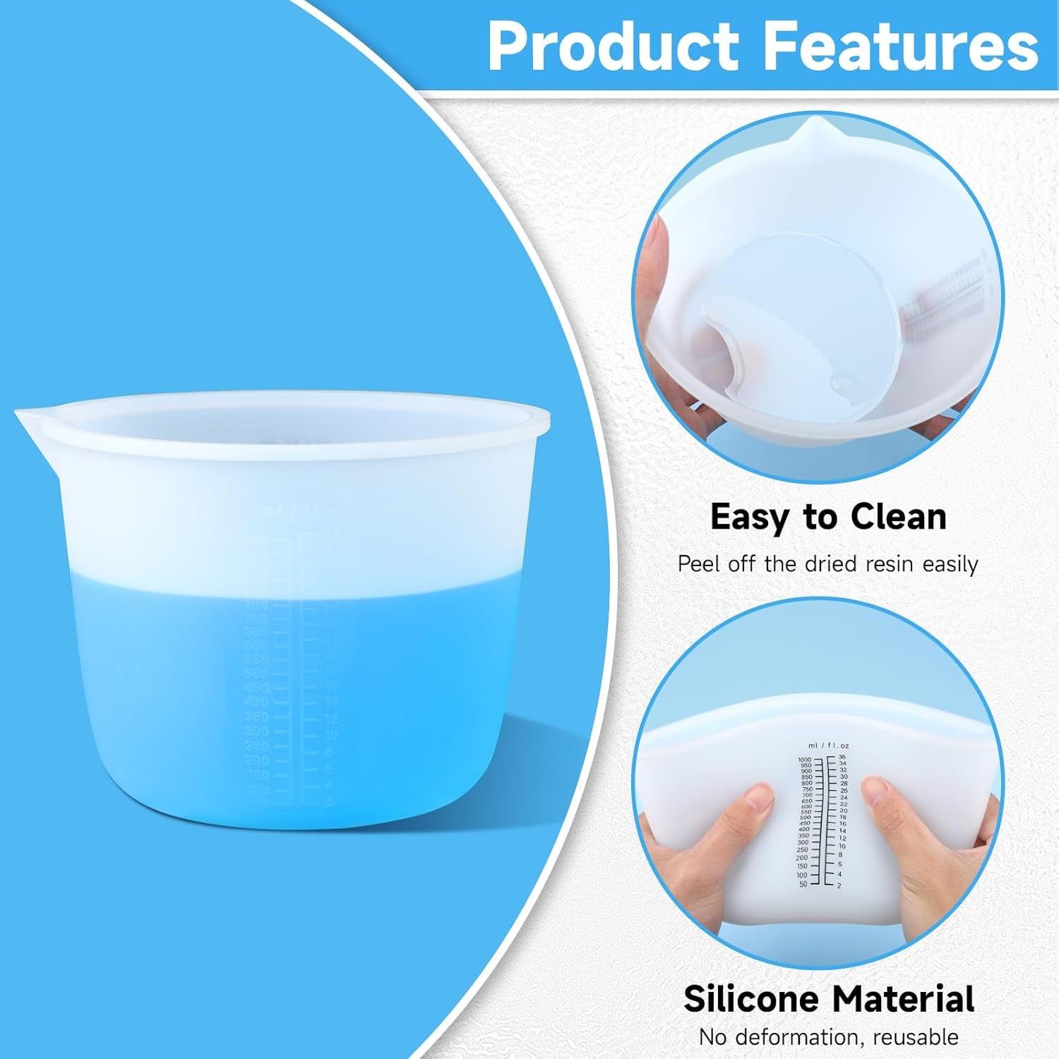 1000Ml Reusable Silicone Resin Cups, Large Silicone Mixing Bowl with Precise Scale for Epoxy, Jewelry Casting Molds, Acrylic Paint, Cup Making, Nonstick Reusable Craft Pouring Cups