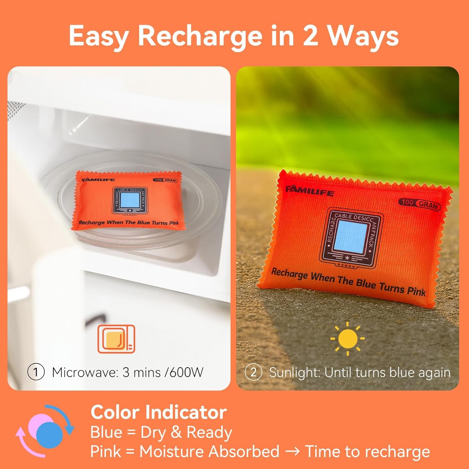 100G Rechargeable Desiccant Packs for Storage, Reusable Dehumidifier Bags Color Indicating Silica Gel Packets Portable Moisture Absorbers for Storage Bins, Car, Closet, Gun Safe, Electronics