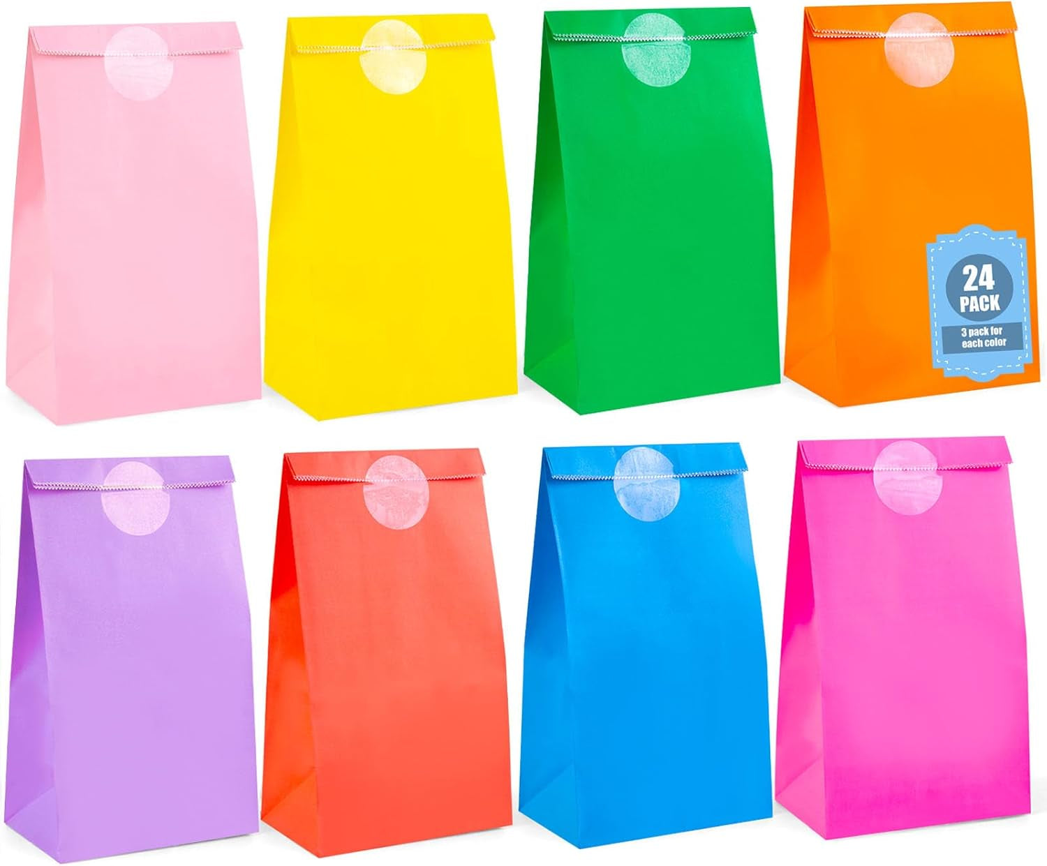 24PCS Colored Paper Bags, Party Favor Treat Bags with Stickers Goodie 8 Colors for Wedding Birthday Baby Shower 8.7”X 4.7”X 3”
