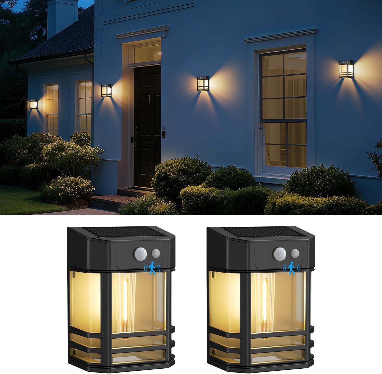 2 Pack Solar Wall Lights Outdoor,3 Modes Motion Sensor Lights Dusk to Dawn, IP65 Waterproof Porch Light Solar Powered, 1200Mah Wireless Wall Mount Sconces for outside Patio, Garage, Yard
