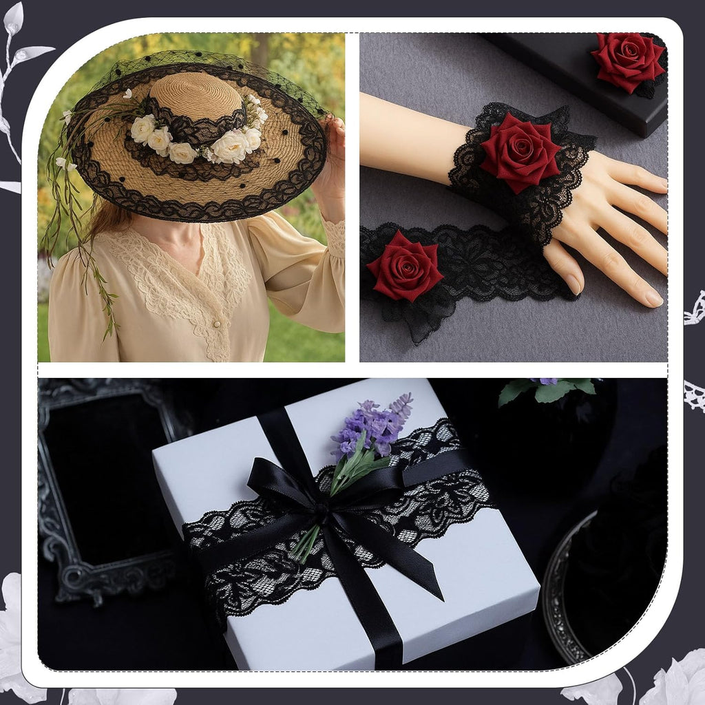 3 Inch Black Lace Ribbon, 10 Yards Wide Lace Trim for Sewing Elastic Floral by Roll for Bridal Wedding Decoration DIY Sewing Craft Gift Wrapping Supply