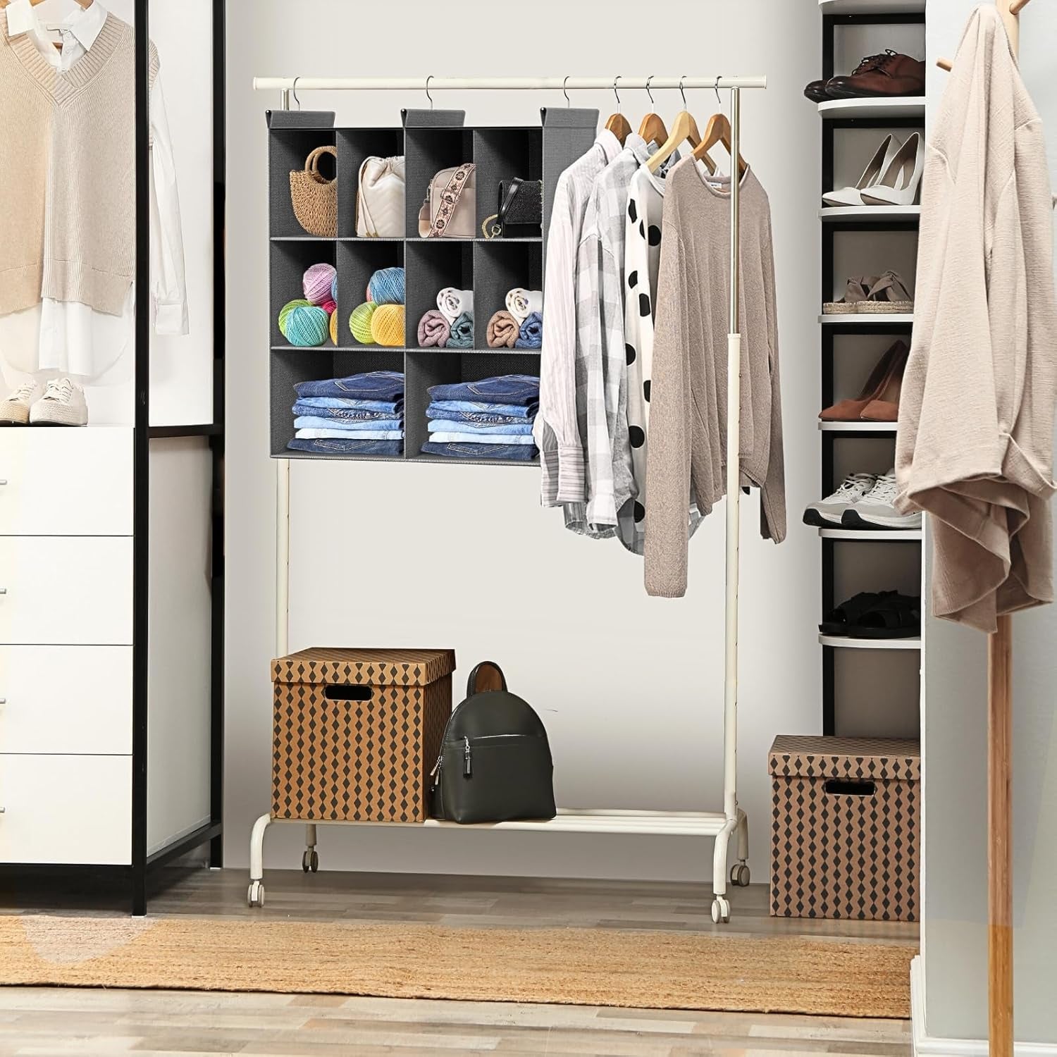 3 Tier Hanging Closet Organizer, 10 Compartments Sweater Organizer for Closet with 3 Sturdy Hooks, Closet Organizers and Storage, Wardrobe, Rv, Garment Rack, Grey