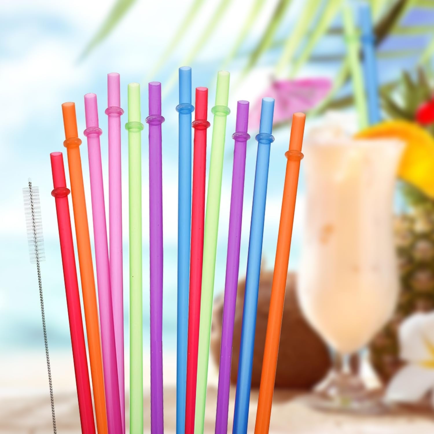 12Pcs Long Rainbow Colored Straw 10.6" Reusable Plastic Replacement Straws Set of 12 with Cleaning Brush