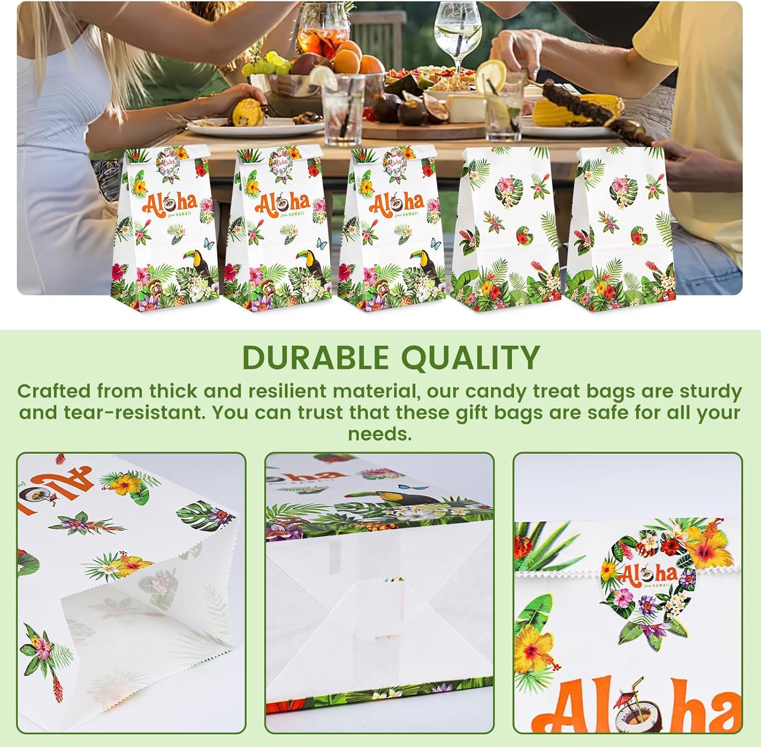 24PCS Luau Hawaii Party Favor Bags, 4.7"X3.1"X8.7" Aloha Paper Gift Bags with Stickers for Candy, Treats, Summer Tropical Hawaiian Parties