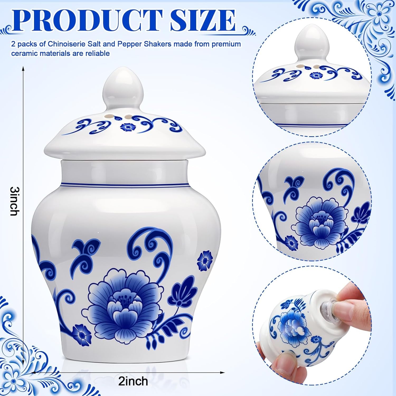 2 Pack Chinoiserie Salt and Pepper Shakers Vintage 3 Inch Mini Blue and White Ginger Jar for Kitchen Restaurant Gifts Decoration