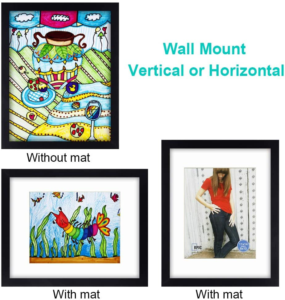 11X14 Inch Picture Frame Made of Solid Wood and High Definition Glass Display Pictures 8X10 with Mat or 11X14 without Mat for Table Top Display and Wall Mounting Photo Frame with Stand Black