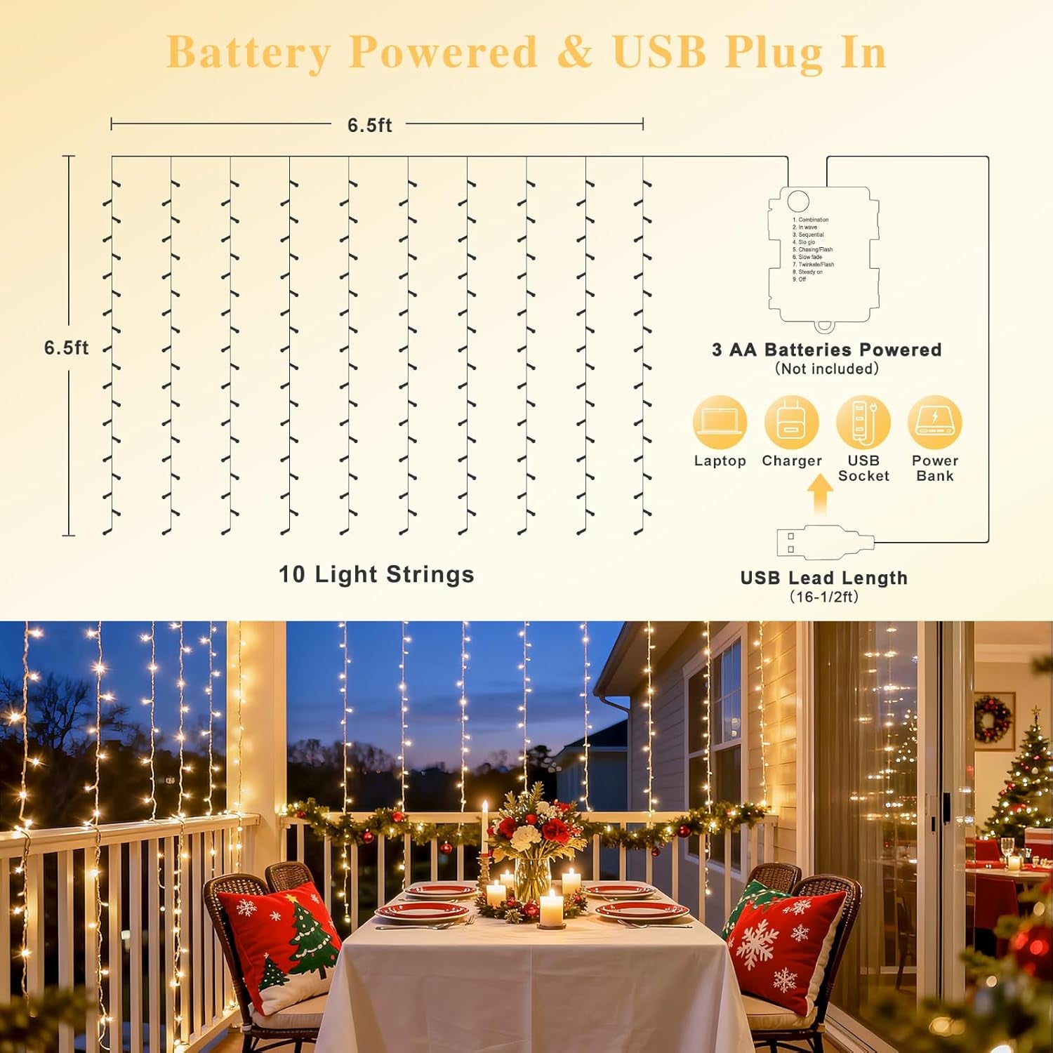 200 LED Christmas Curtain Lights Battery Operated & USB Plug In, 8 Modes Warm White Curtain String Lights for Backdrop Bedroom Classroom Wedding Party Decorations