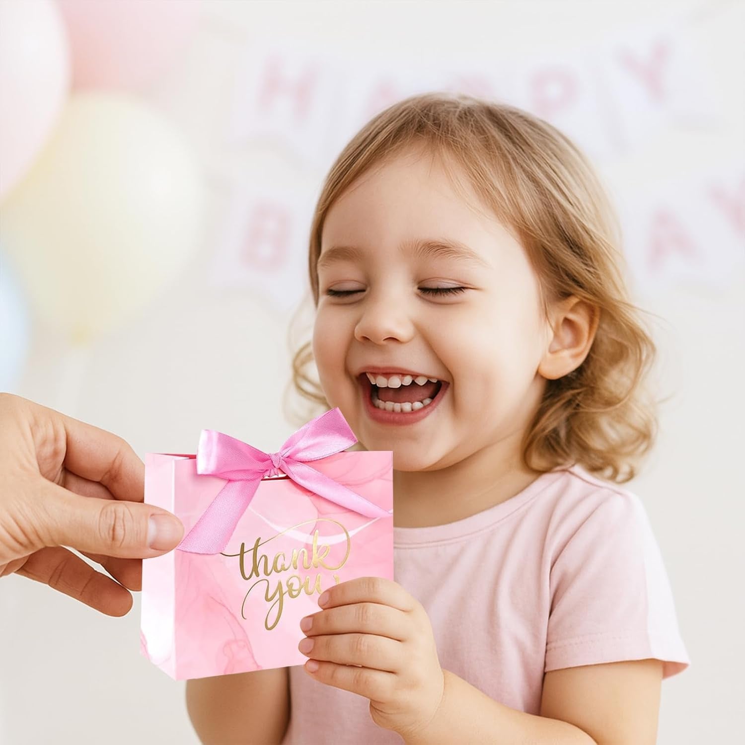 24PCS Thank You Gift Bags, 4.5X3.9X1.8Inches Mini Party Favor Bags Pink Treat Boxes with Bow Ribbon for Wedding Bridal Baby Shower Birthday Party