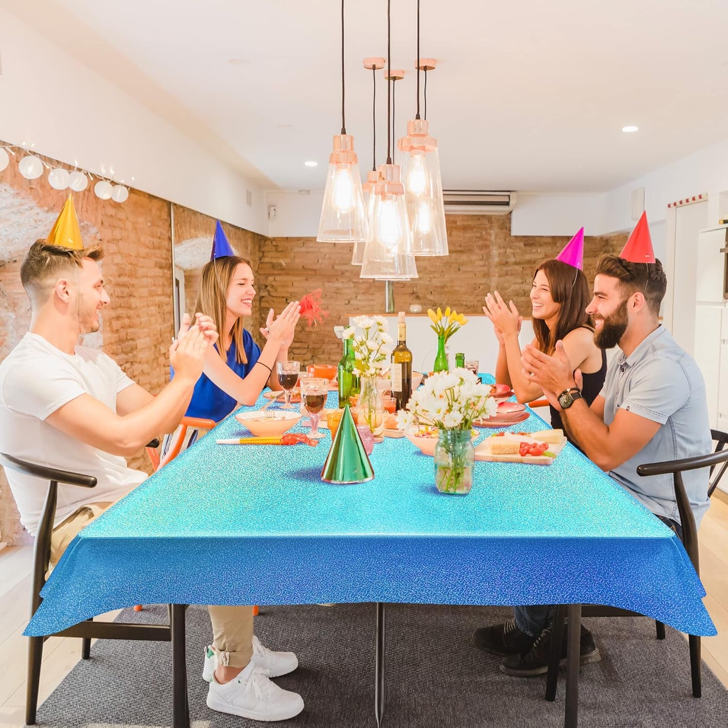 2 Pcs Light Blue Holographic Plastic Tablecloths Laser Table Covers 40" X 108" Foil Disposable Table Cloths for Party Birthday Wedding Christmas Holiday Party Decorations