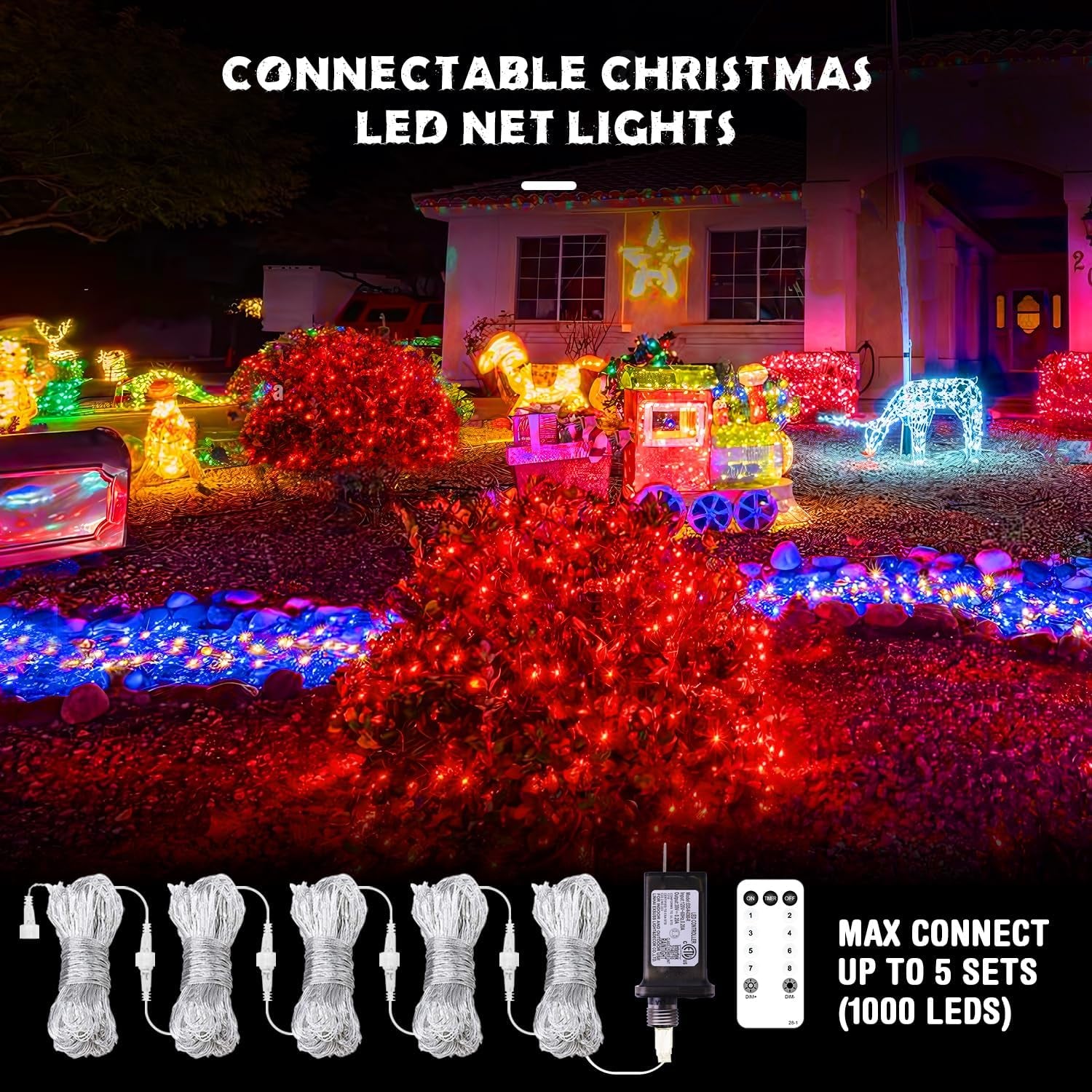 200 LED Red Christmas Net Lights, 9.8Ft X 6.6Ft Connectable Christmas Bush Lights with Remote, 8 Modes Plug in Net Light Outdoor Mesh Light Waterproof for Tree, Yard, Fence Decoration
