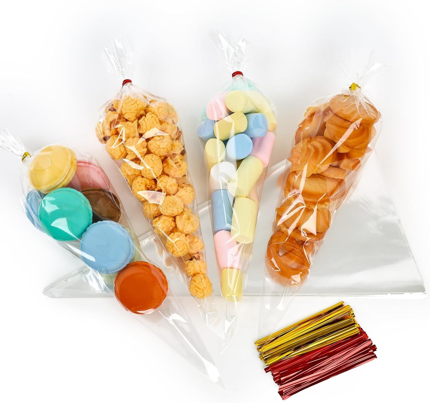 200 Pack Cone Bags, 6.3×11.8 Inch Cellophane Treat Bags with Ties for Wedding Birthday Halloween Party Favor