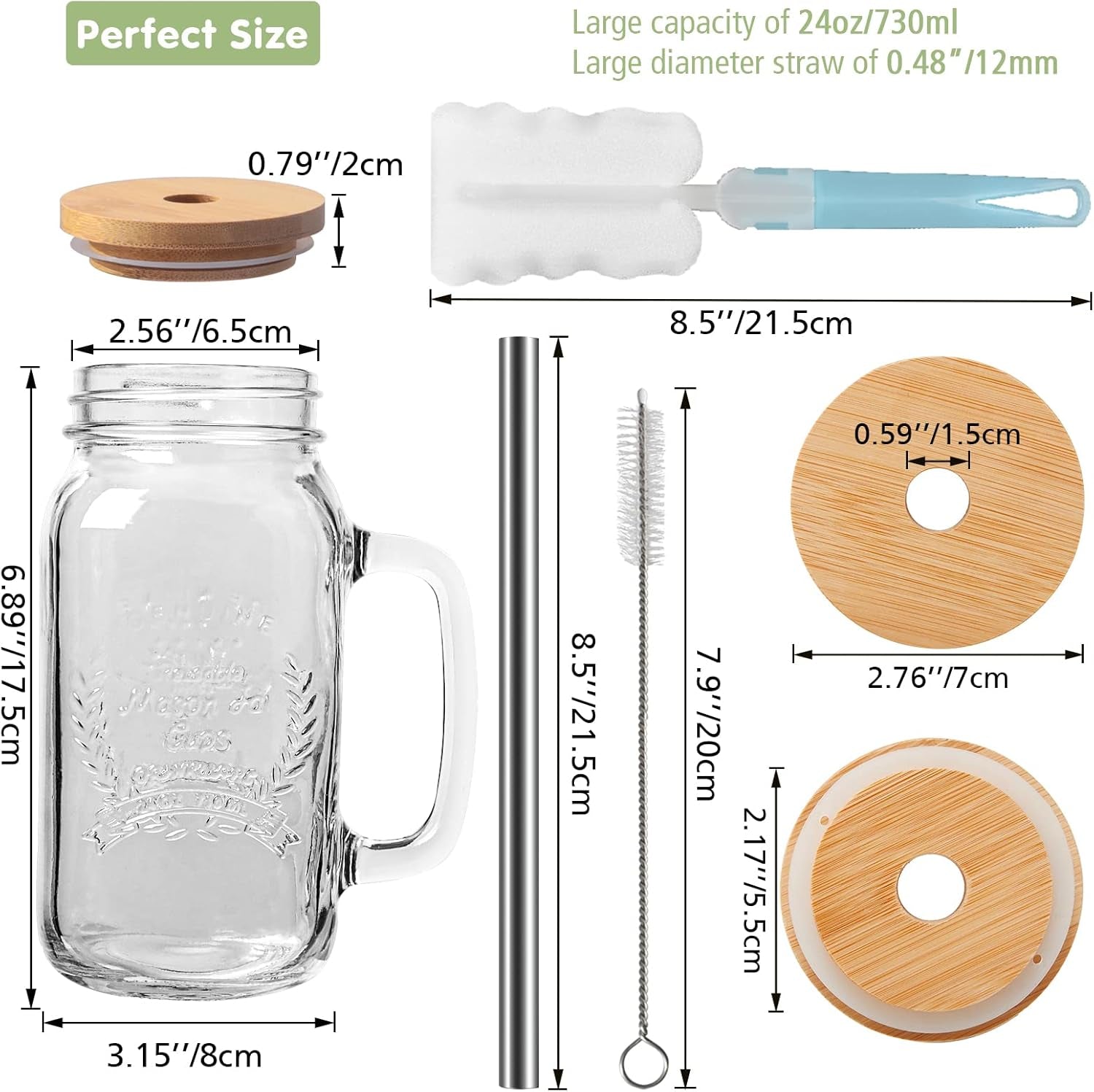 2 Pack 24Oz Mason Jar Cups with Lids and Straws, Mason Jars with Handle, Mason Jar Drinking Glasses with Lid and Straw, Mason Jar Mugs