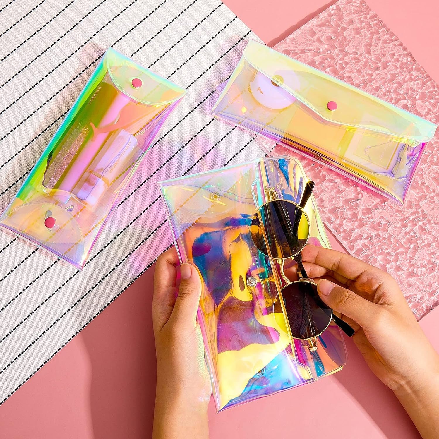 3 Pcs Holographic Makeup Bag Iridescent Pencil Pouch Clear Transparent Small Iridescent Waterproof Cosmetic Bag Make up Envelop Organizer Case Travel Clear Coin Purse for Women(Medium)