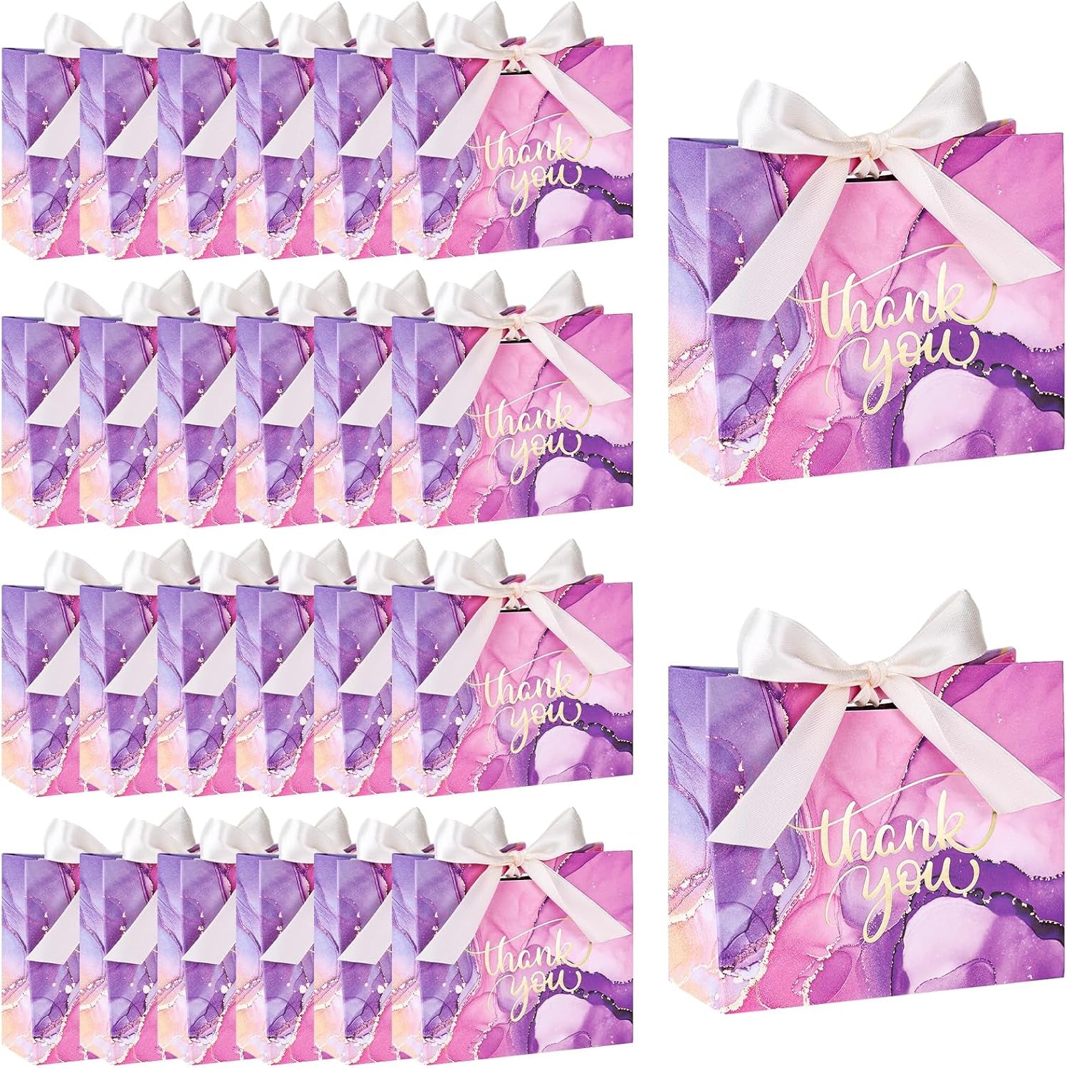 24PCS Thank You Gift Bags, 4.5X3.9X1.8Inches Mini Party Favor Bags Purple Treat Boxes with Bow Ribbon for Wedding Bridal Baby Shower Birthday Party