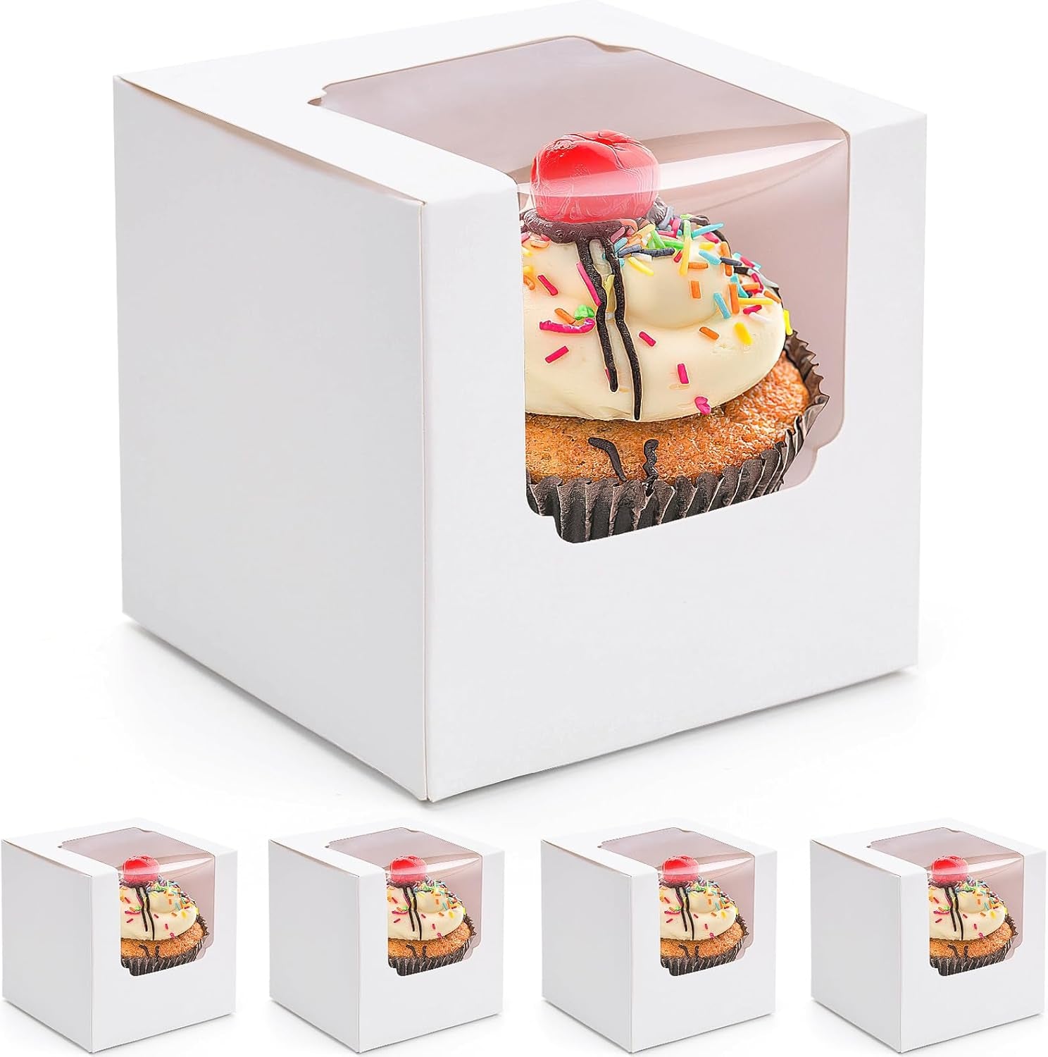 20PCS White Cupcake Boxes, 3.5"X3.5"X3.5" Individual Cupcake Containers Pre-Assembled Containers with Window and Inserts for Wedding Baby Shower Birthday