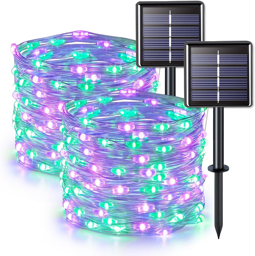 2 Pack Purple and Green Halloween Lights, Each 33FT 100 LED Solar Halloween Lights Outdoor, Waterproof Solar Fairy Light for outside Patio Yard Tree Decorations