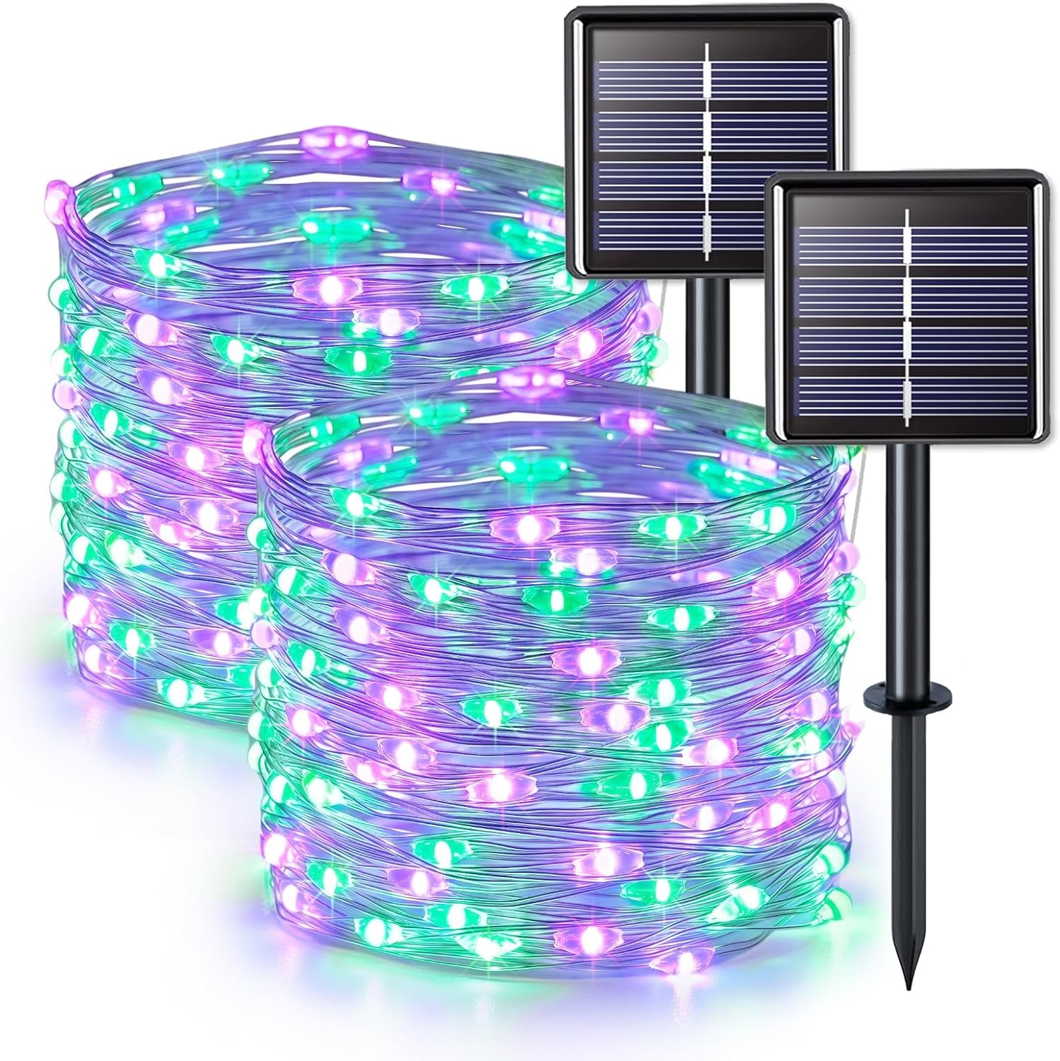 2 Pack Purple and Green Halloween Lights, Each 33FT 100 LED Solar Halloween Lights Outdoor, Waterproof Solar Fairy Light for outside Patio Yard Tree Decorations