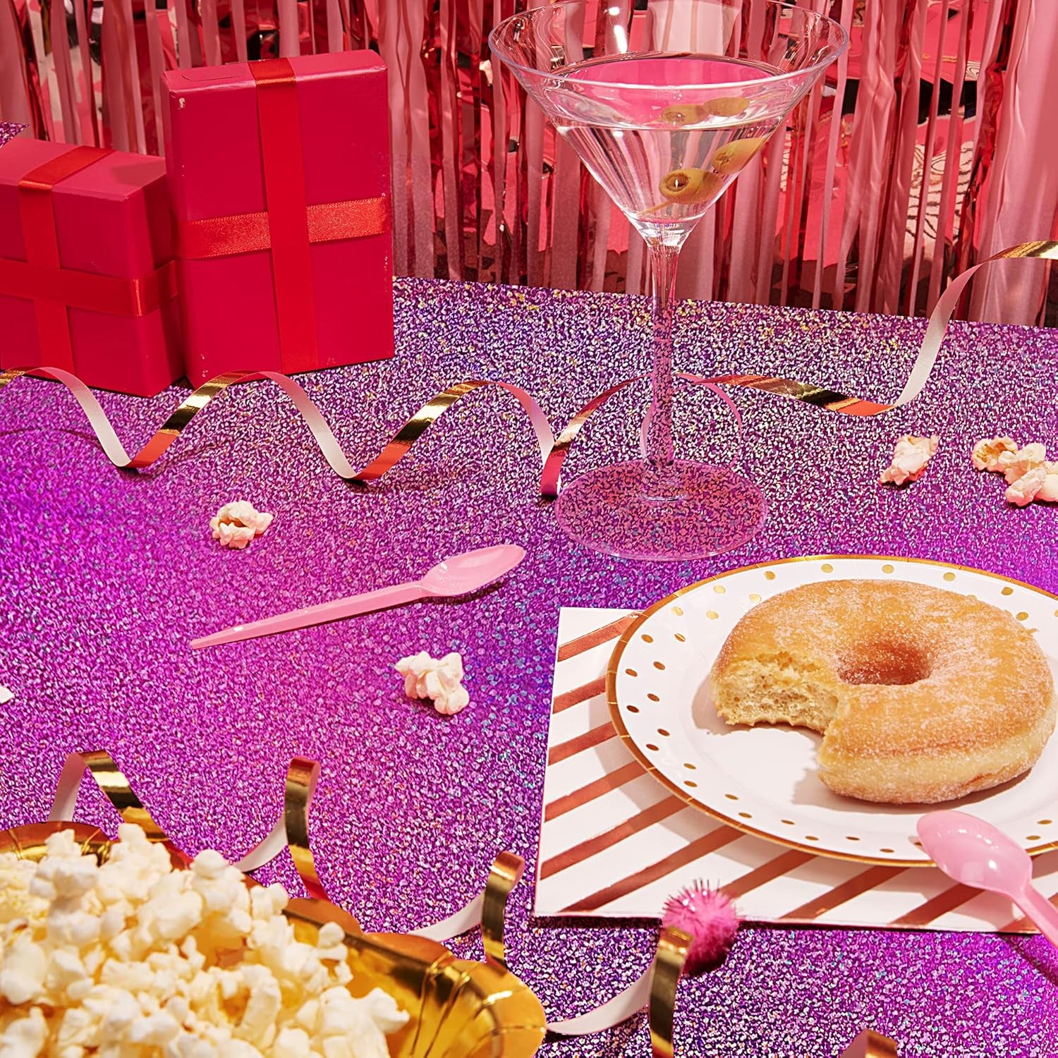 2 Pcs Fuchsia Red Holographic Plastic Tablecloths Laser Table Covers 40" X 108" Foil Disposable Table Cloths for Themed Birthday Party Wedding Christmas Holiday Party Decorations