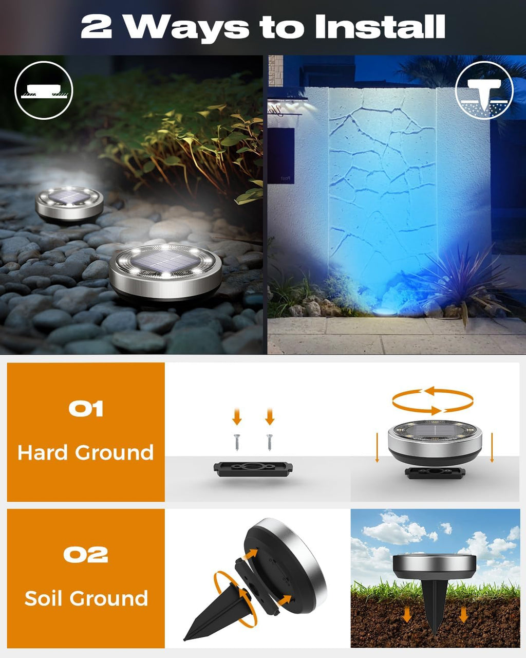 24 Pack Solar Ground Lights Outdoor, 8 LED Disc Lights IP65 Waterproof Flat Light, Pathway Light Solar Powered for Garden Lawn Patio Yard Path Landscape, Red+Blue+Cool White