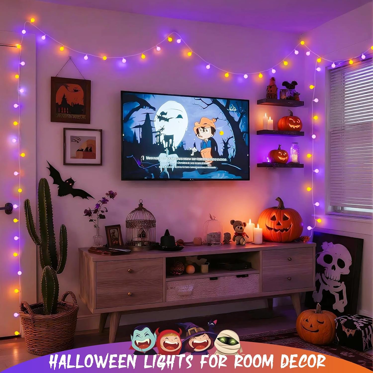 100 LED Globe String Lights Indoor Plug in with Remote, 33Ft Connectable Christmas Lights Outdoor, 8 Modes Orange and Purple Fairy Light Outdoor for Bedroom Room Party Christmas Decor