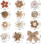 16 PCS Natural Burlap Flowers Set, Including 12 PCS Handmade Lace Burlap Flowers and Bowknots, 4 Rolls Burlap Ribbon for Christmas Birthday Party Wedding Home Embellishment DIY Crafts