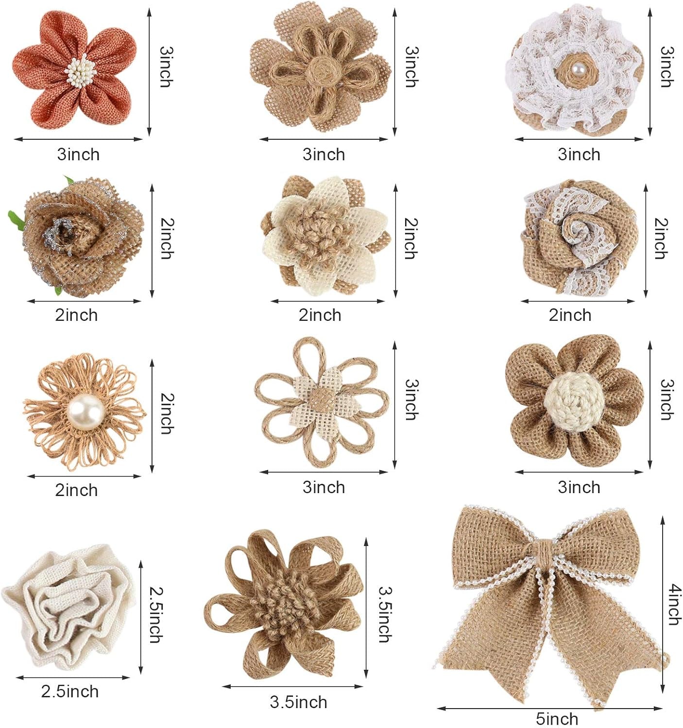 16 PCS Natural Burlap Flowers Set, Including 12 PCS Handmade Lace Burlap Flowers and Bowknots, 4 Rolls Burlap Ribbon for Christmas Birthday Party Wedding Home Embellishment DIY Crafts