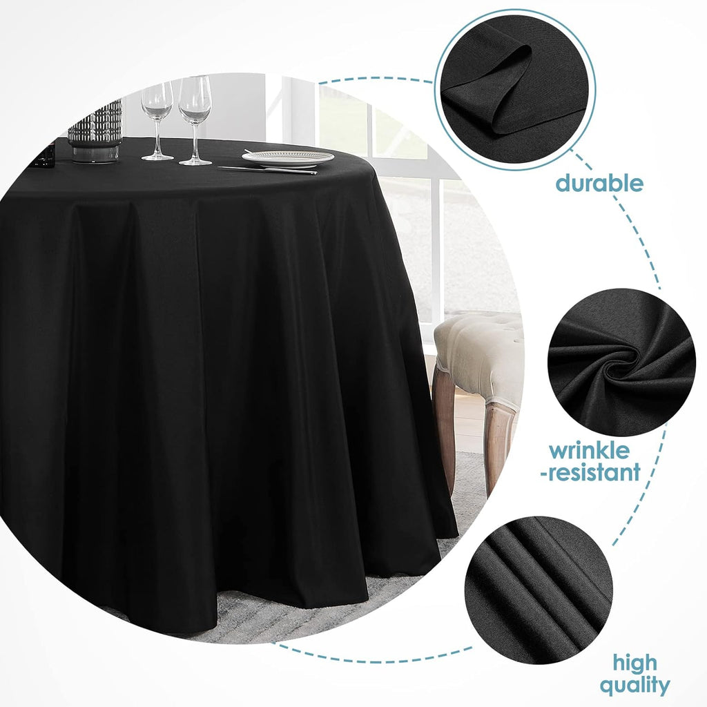 1 Pack 120Inch round Tablecloth Polyester Table Cloth, Stain Resistant and Wrinkle Polyester Dining Table Cover for Kitchen Dinning Party Wedding Rectangular Tabletop Buffet Decoration(Black)