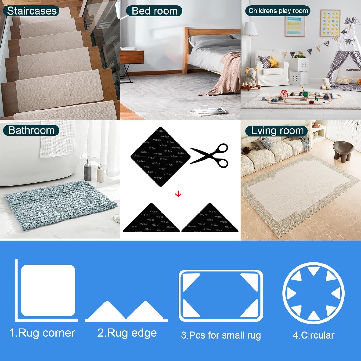 12 PCS Rug Pad Gripper, Washable Grippers for Rug Tape, Non-Slip Carpet Gripper for Hardwood Floors and Tile, Reusable Carpet Tape for Area Rugs, Double Sided Adhesive Rug Stickers, Keep Corner Flat