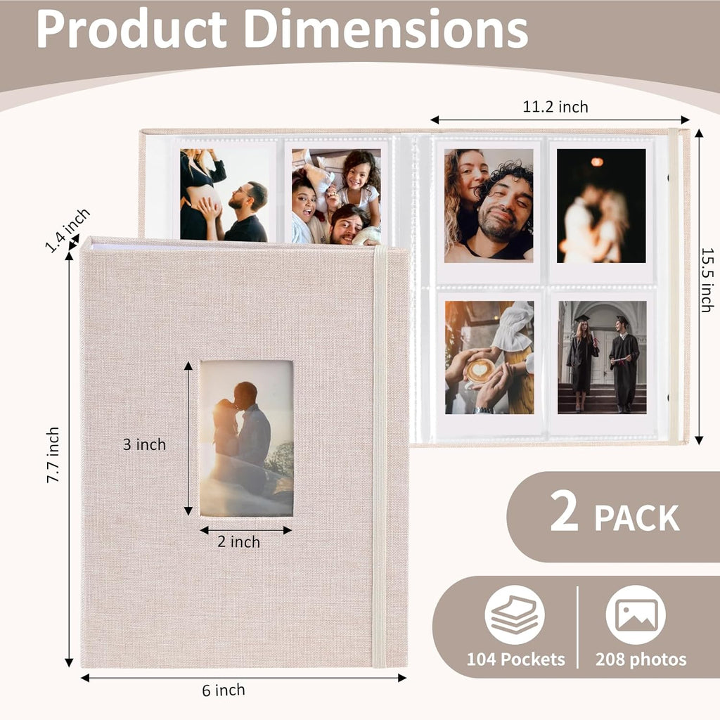 2PCS Polaroid Photo Album, 2X3 Inch Pockets Mini Photo Album for 104 Pockets Hold 208 Pictures, Linen Hardcover Polaroid Album Book for Photos Family Anniversaries Baby Vacations (Off-White)