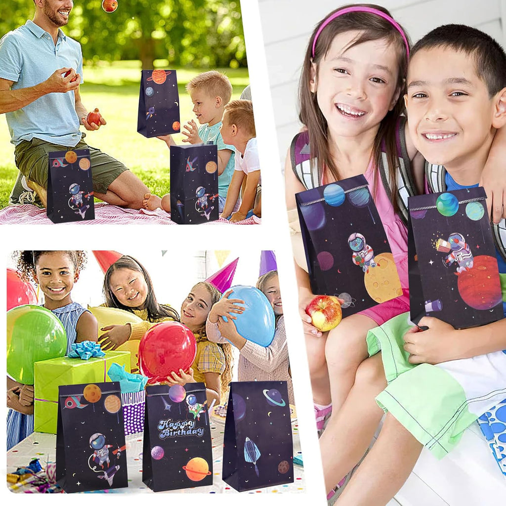 24 Pack Party Favor Bags with Stickers, 4.7" X 3.1" X 8.7" Outer Space Theme Goodie Treat Bags Bulk for Kids Birthday School Events Gift Packaging Supplies