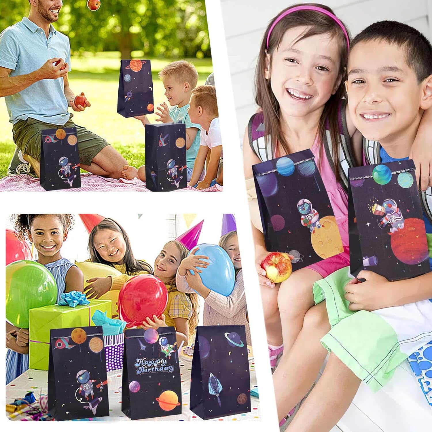 24 Pack Party Favor Bags with Stickers, 4.7" X 3.1" X 8.7" Outer Space Theme Goodie Treat Bags Bulk for Kids Birthday School Events Gift Packaging Supplies
