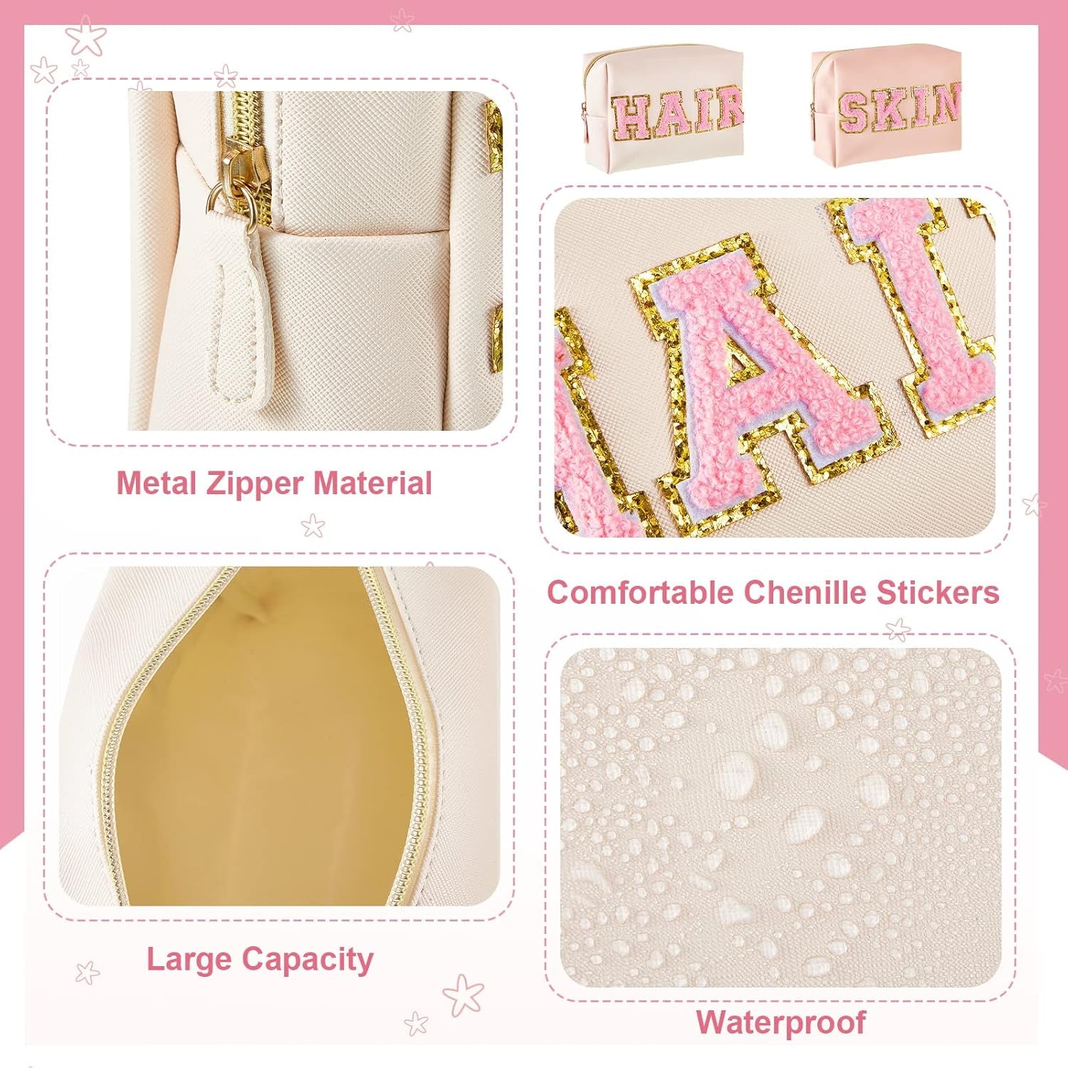 2 Pcs Preppy Makeup Bags Chenille Letter Patch Bag Face Skin Hair Stuff Aesthetic Cosmetic Bag Travel Zipper Pouch Makeup Organizer Graduation Gift for Girls (White, Pink,Hair, Skin)