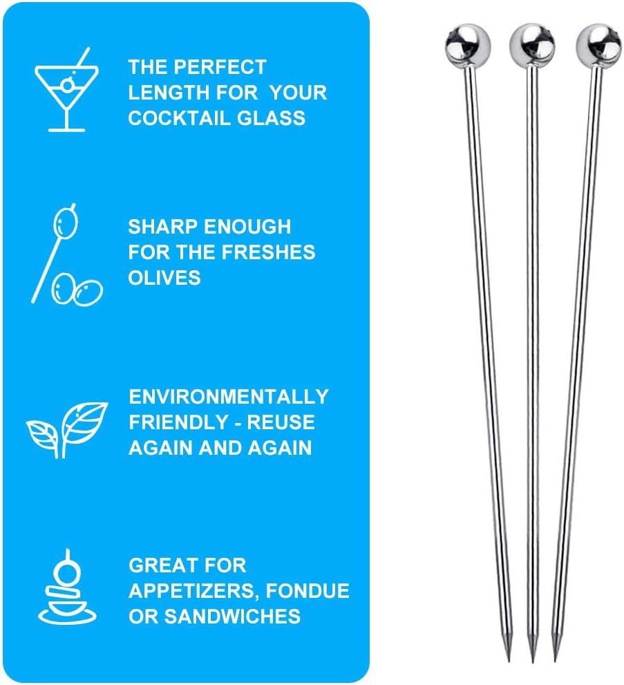 15PCS Cocktail Picks for Drinks, Stainless Steel Cocktail Toothpicks, Reusable Cocktail Skewers, Garnish Picks Bloody Mary Skewers, Metal Martini Picks for Olives Appetizers Fruit (4.3 Inch)