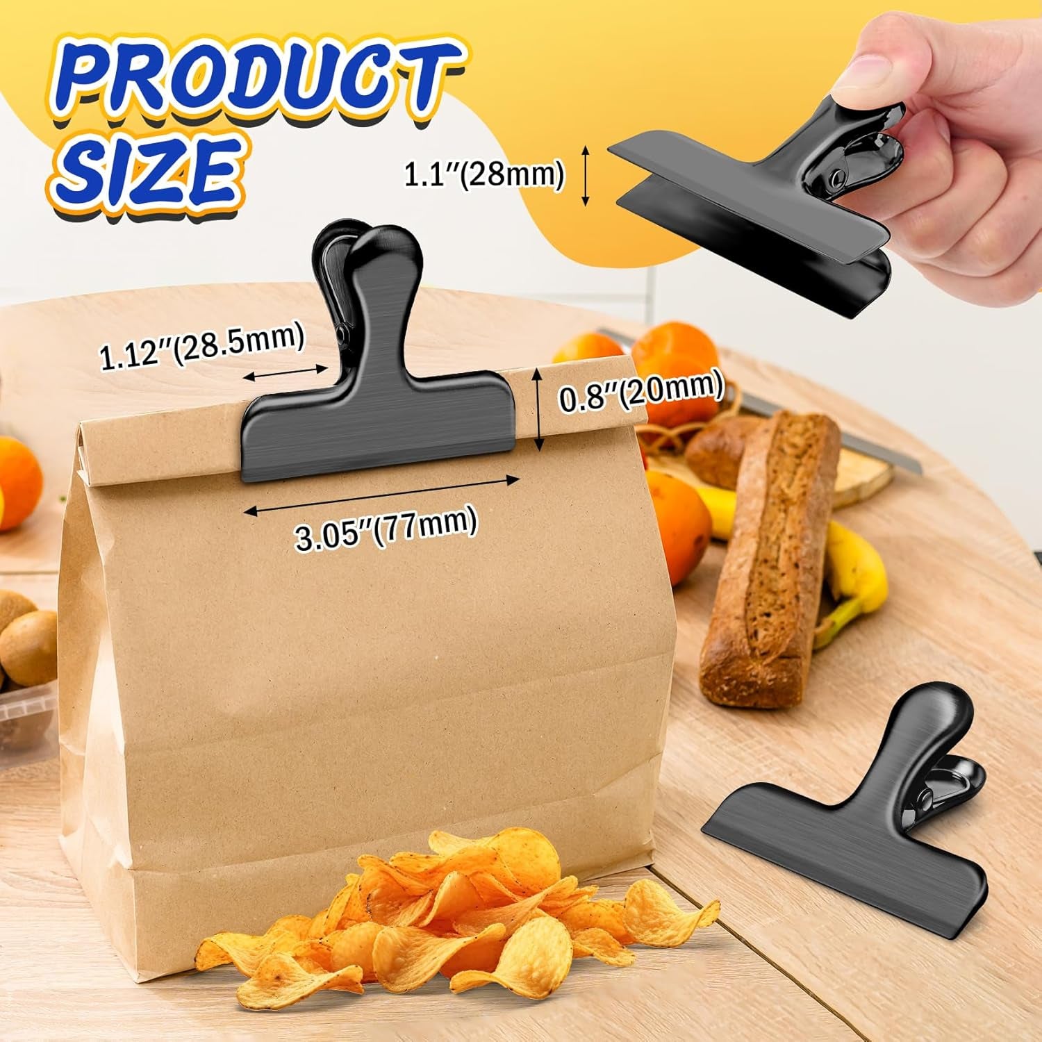 12 Pack Stainless Steel Chip Clips, Bag Clips for Food, Heavy Duty Chip Clip for Kitchen and Office to Seal Coffee Bags, Paper Sheets, Metal Clip Air Tight Seal-3 Inches, Black