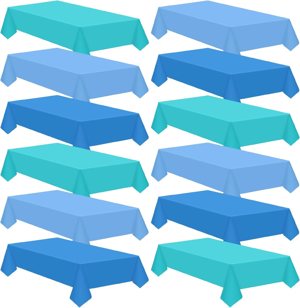 12 Pcs Ocean Tablecloth Disposable Plastic Tablecloth Waterproof Table Cover for Rectangle Sea Table Cover for Surf Ocean Pool Party Birthday Decor, 54 X 108 Inch, Lake Blue, Sky Blue, Dark Blue