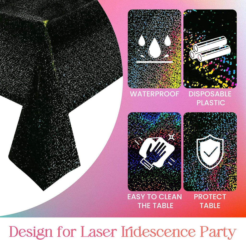 1 Pcs Black Holographic Laser Tablecloth Galaxy Space Table Cloth 40 * 108 Inch Shimmer Star Tablecover for Halloween Birthday Graduation Neon Party Supplies Disposable Plastic Foil Table Decor