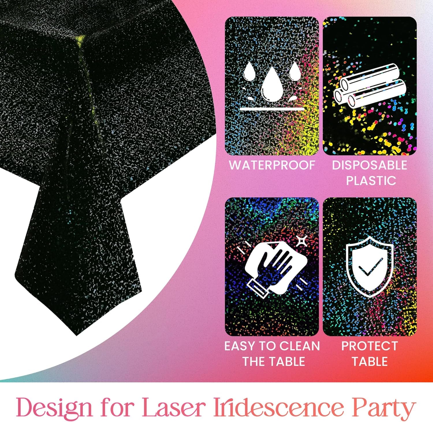 1 Pcs Black Holographic Laser Tablecloth Galaxy Space Table Cloth 40 * 108 Inch Shimmer Star Tablecover for Halloween Birthday Graduation Neon Party Supplies Disposable Plastic Foil Table Decor