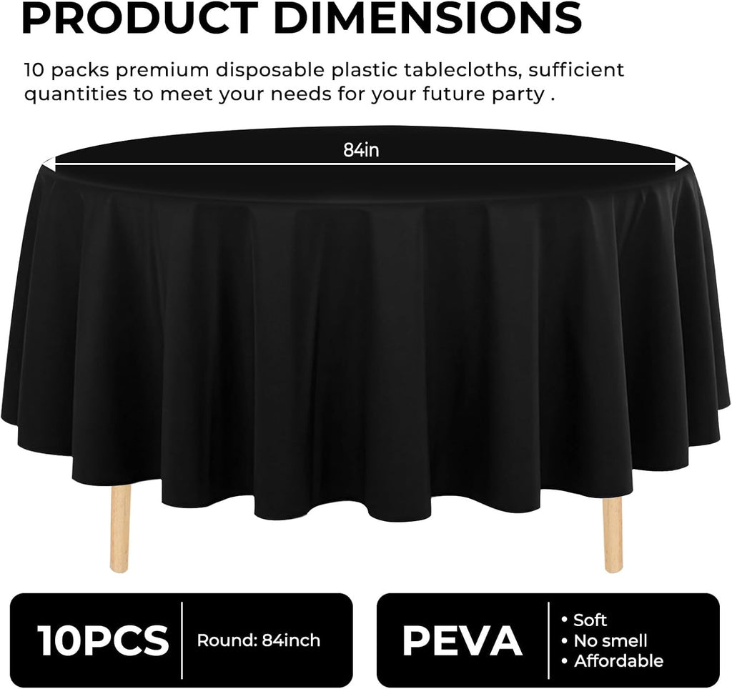 10 Pack Premium Disposable Plastic Tablecloth 84" round Table Cover for Birthdays Weddings Christmas Anniversary Buffet Table (Black)
