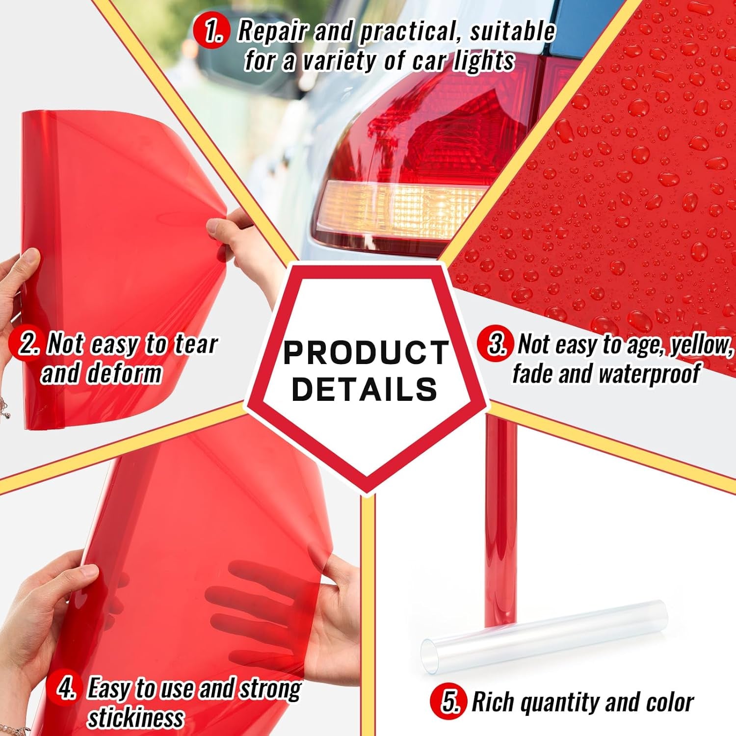 2 Rolls 3.94 Ft X 11.81 Inches Self Adhesive Repair Light Tape Auto Tail Light Tape Fog Lights Tint Tape Headlight Lens Tape (Red, Clear)