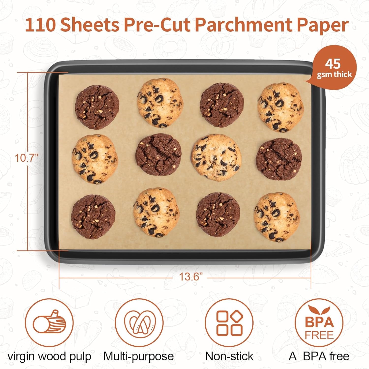 110 Pcs Brown Unbleached Parchment Paper, 10.7 X 13.6In, Precut Baking Paper for Cookies, Bread, Pizza