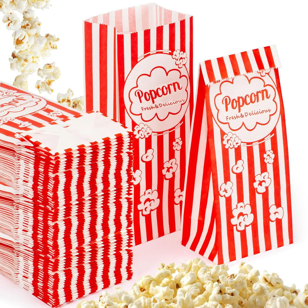 100 Popcorn Bags Flat Bottom - Paper Popcorn Food Bags Individual Servings Party Pop Corn Sleeves Bulk Carnival Halloween Snack Pack Gift Favor Treat Bolsas Para Palomitas Movie Night Supplies