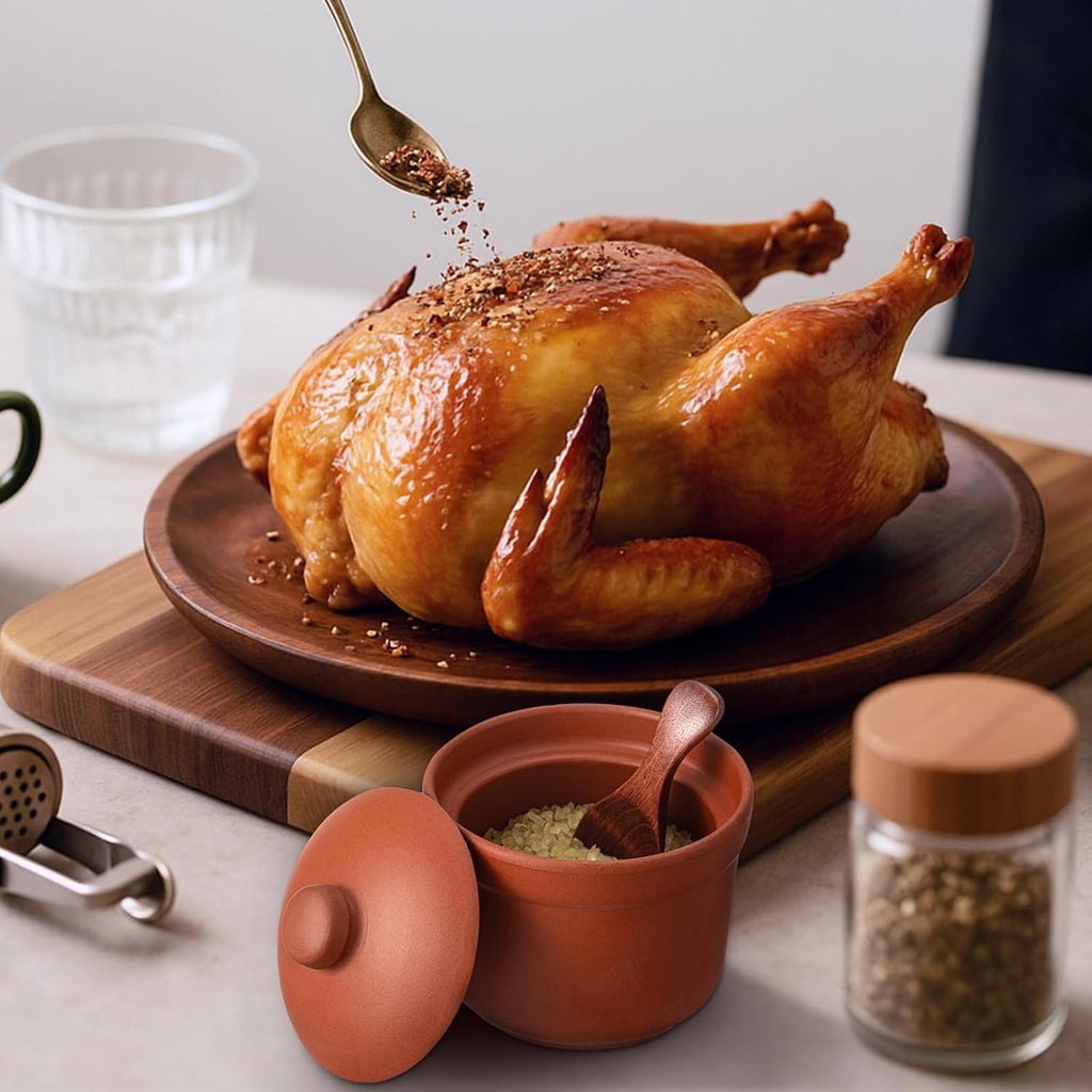 2 Set Salt Cellar with Lid and Wooden Spoon, 4 Handcrafted Pepper Herbs Box Heavyweight Spices Jar Salt Holder Pot Housewarming Gift for Counter, Kosher, Sea, Sugar, Keeps Spices Dry