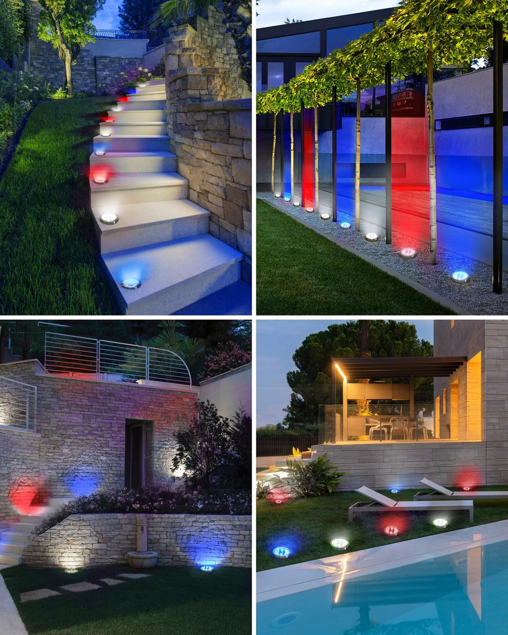 24 Pack Solar Ground Lights Outdoor, 8 LED Disc Lights IP65 Waterproof Flat Light, Pathway Light Solar Powered for Garden Lawn Patio Yard Path Landscape, Red+Blue+Cool White