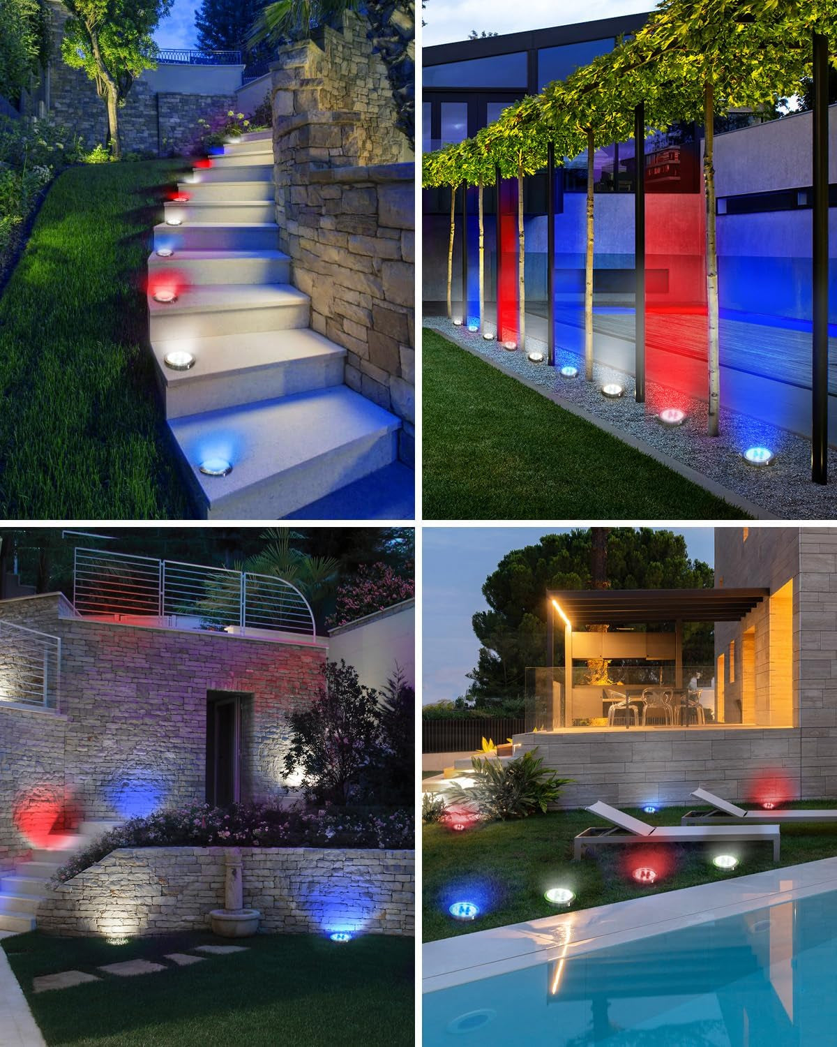 24 Pack Solar Ground Lights Outdoor, 8 LED Disc Lights IP65 Waterproof Flat Light, Pathway Light Solar Powered for Garden Lawn Patio Yard Path Landscape, Red+Blue+Cool White