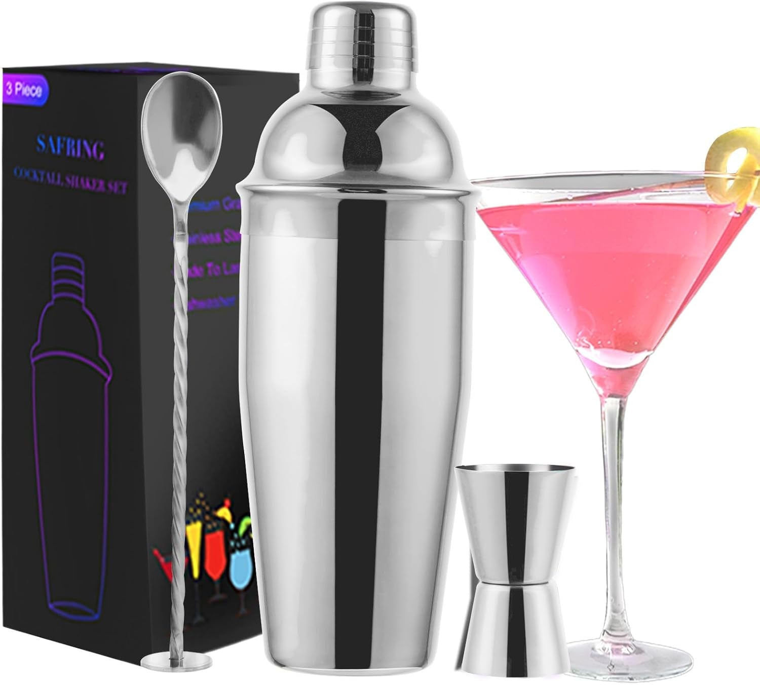 24Oz Cocktail Shaker Bar Set, Martini Shaker with Built-In Strainer, Measuring Jigger, Mixing Spoon, Professional Stainless Steel Large Bartender Drink Shaker Margarita Alcohol Mixer-Silver